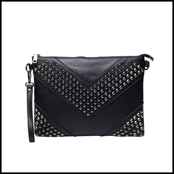 Oversized PU Leather Clutch Bag Studded Rivet Punk Crossbody Shoulder Wristlet